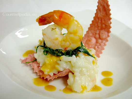 Arroz de langostinos salteados con acelgas estofadas