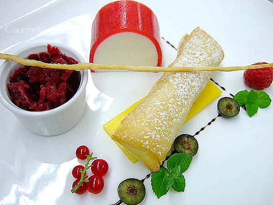 Terrina de yogur con granita de frutos del bosque y rollo de primavera frito