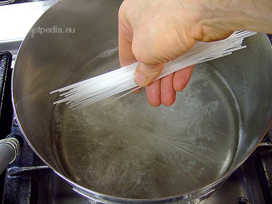 Wasser zum Kochen bringen, die Glasnudeln einstreuen und in nicht mehr kochenden Wasser 6-8 Minuten ziehen lassen, aus dem Kochwasser nehmen, unter fließenden kalten Wasser abbrausen, abtrocknen lassen