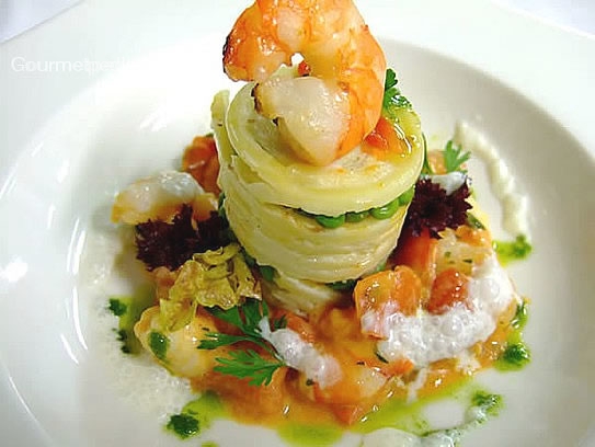 Timbale of small cuttlefish and king prawns mediterranean