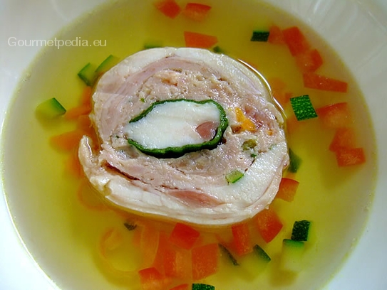 Consommé with steamed rabbit roll and vegetables
