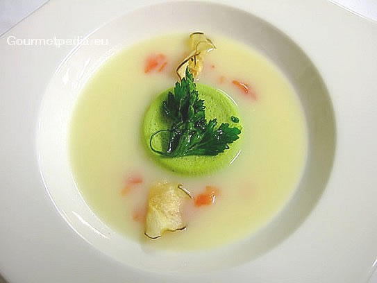 Cream of celery soup with parsley flan