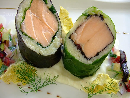 Steamed salmon roulade in chards on celery purée
