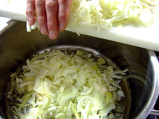 Die Zwiebel in einem Topf in Olivenöl anschwitzen und Gewürze beigeben