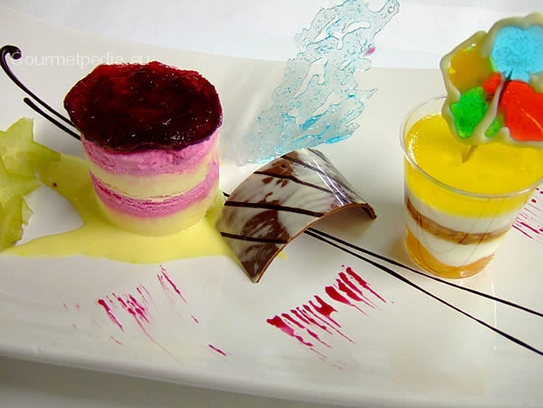 Parfait of beetroot syrup and passion fruit with white chocolate mousse, brittle and apricot jelly