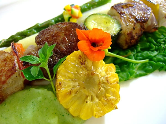 Grilled skewer of meat fillets with herbs purée, asparagus and corn on the cob