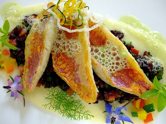 Filetes de salmonete salteados sobre arroz negro venere y puré de apio nabo