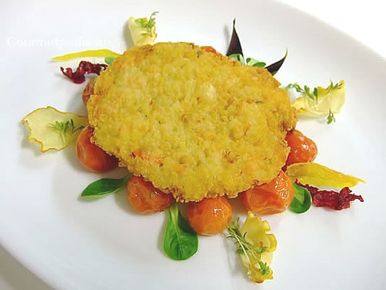 Baked vegetable escalope on oven-cooked cherry tomatoes