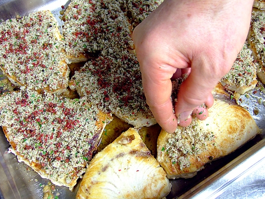 Die Fischsteaks auf ein gefettetes Backblech legen und die Pfeffer-Brotkruste aufstreuen, bei Oberhitze gratinieren