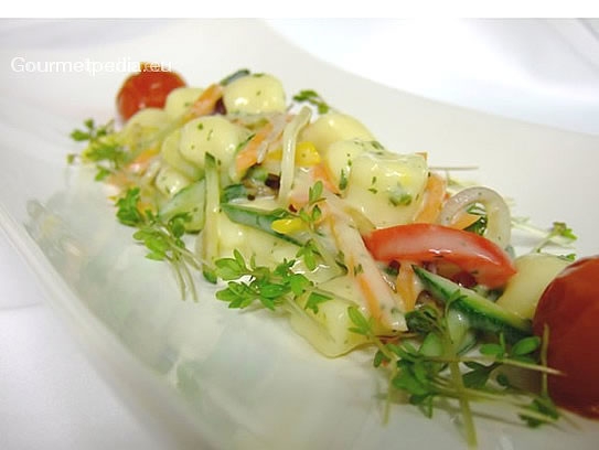 Potato gnocchi with vegetables and parsley sauce