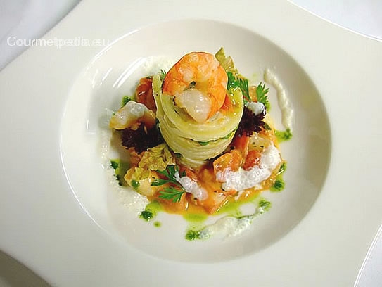 Timbale of small cuttlefish and king prawns mediterranean