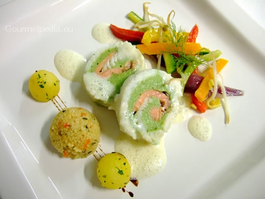 Plaice and fillet of salmon trout roll with vegetables and couscous