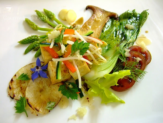 Pan seared tofu on pak-choi, wild asparagus, mushrooms and soy-bean sprouts