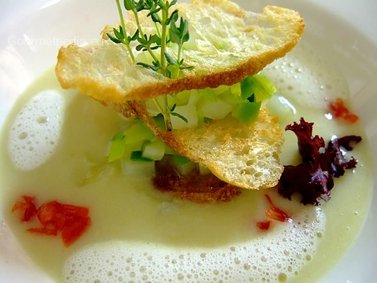 Cream of leek soup with crispy bread lasagne and potatoes