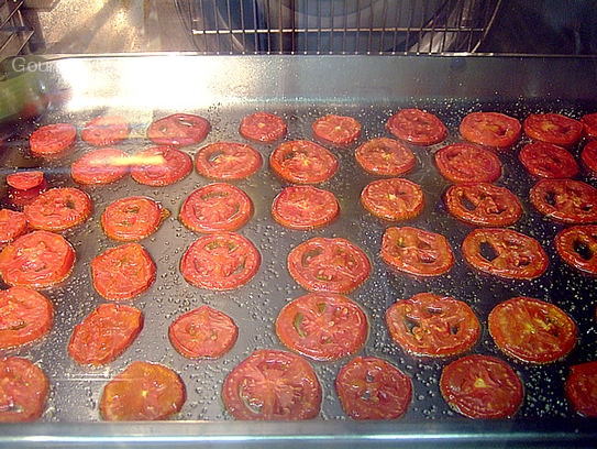 Die Tomatenscheiben im Heißluftofen bei 100 Grad für eine Stunde trocknen