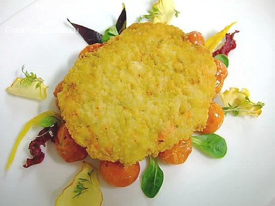 Baked vegetable escalope on oven-cooked cherry tomatoes