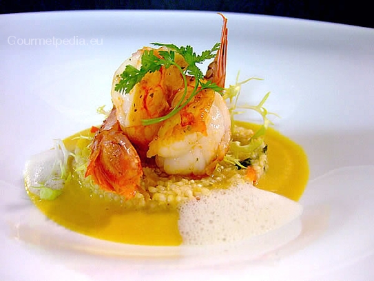 Grilled king prawns on spicy millet-quinoa couscous with king prawns foam