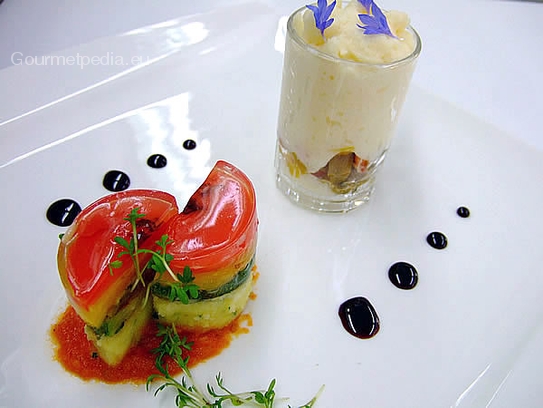 Grilled vegetables tureen with pepper jelly on tomato sauce and potato foam