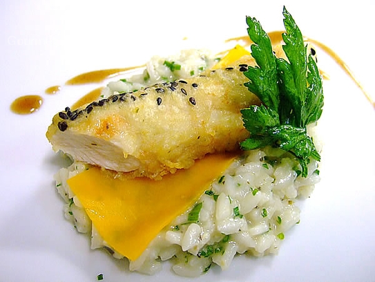 Herb risotto with rabbit fillet in tempura and thyme sauce