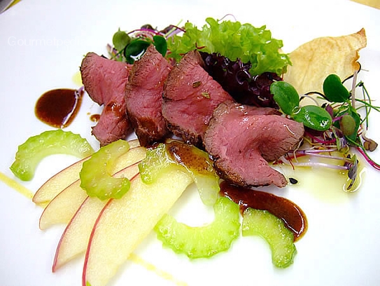 Roast venison slice on celery-apple salad and jus of Porto