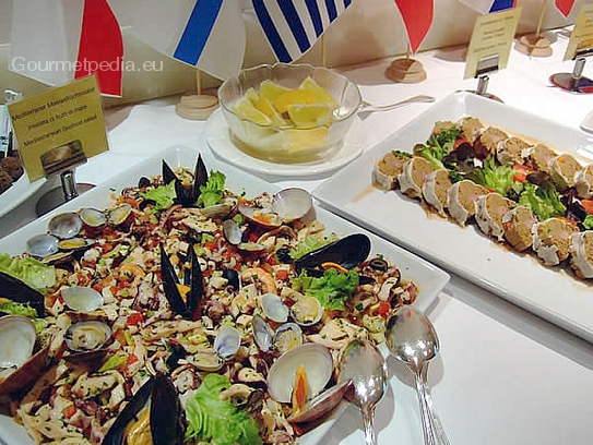 French foie gras tureen and mediterranean seafood salad