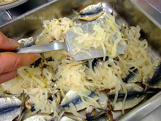 Die abgekühlte Zwiebelmarinade über die Sardinenfilets verteilen