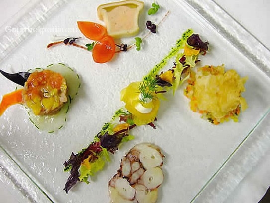Tureen of salmon and tuna tartare with scallops in Tempura batter for deep frying and octopus carpaccio on salad