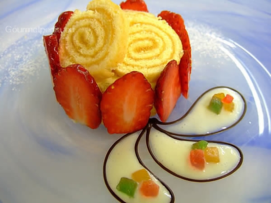 Strawberry charlotte on white chocolate sauce