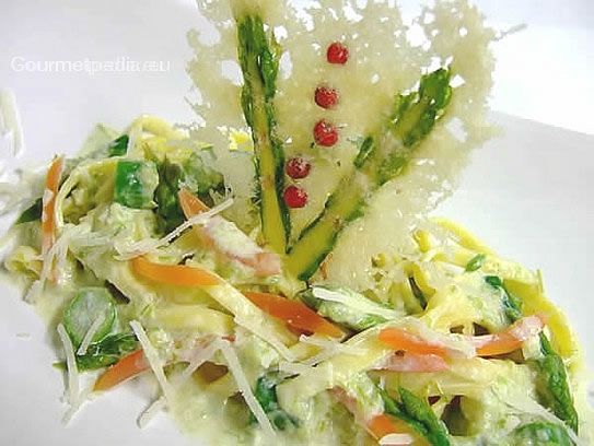 Tagliolinis con puntas de espárragos y tomates a la crema