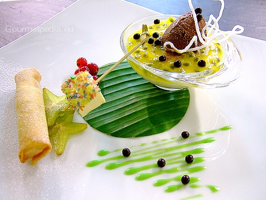 Mousse à la vanille à la gelée de fruit de la passion, glace au chocolat et rouleau frit au banane