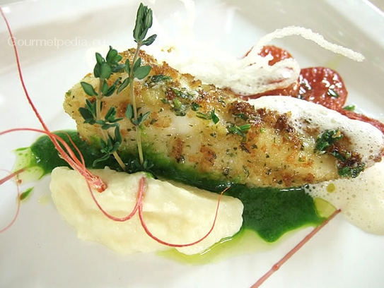 Angler-fish medallion baked in a fresh herbs crust on celery purée and glazed tomatoes
