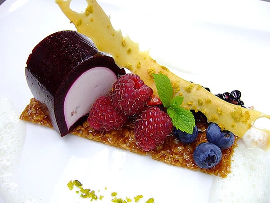 Terrina de yogur y frutas del bosque en nido de blackberry jalea en  hoja crocante