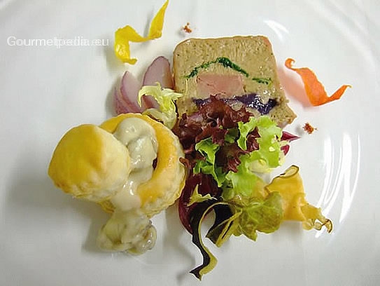 Tureen of game mousse with red wine jelly, fan out pear and voul-au-vent with champignons