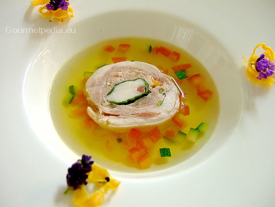 Consommé with rabbit roll and vegetables