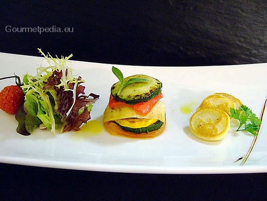 Grilled vegetables tureen with mini blinis and marinated salads