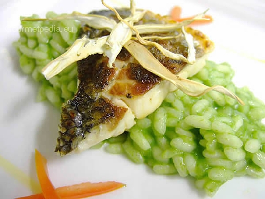 Risotto al basilico con filetto di branzino grigliato