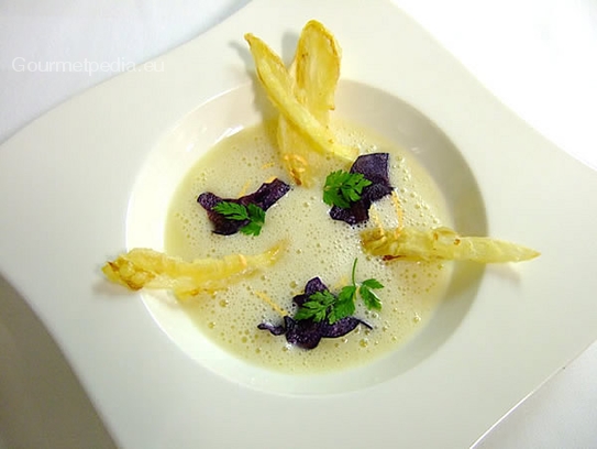 Cream of celery soup with chicory in Tempura batter for deep frying