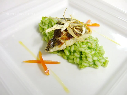 Risotto au basilic avec bar grillé