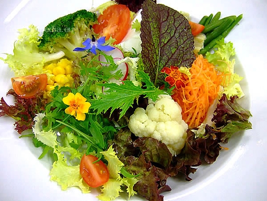 Sommerlicher Salatteller mit Balsamico-Vinaigrette und essbaren Gartenblüten