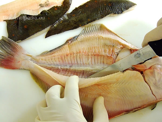 Mit dem Messer das Fischfilet vorsichtig von den Gräten schneiden